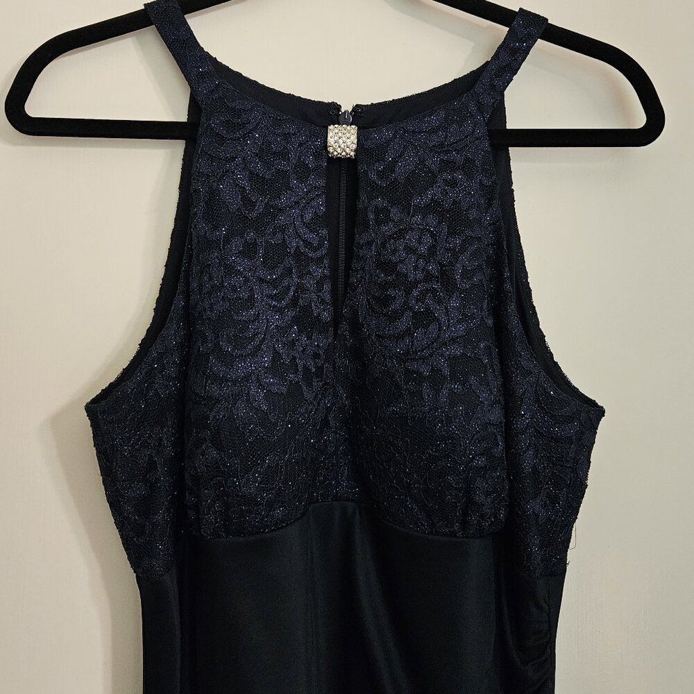 Navy Women's Long Maxi Halter Dress Sheer Matte Jersey With Lace Gown Size 12 - Picture 2 of 9